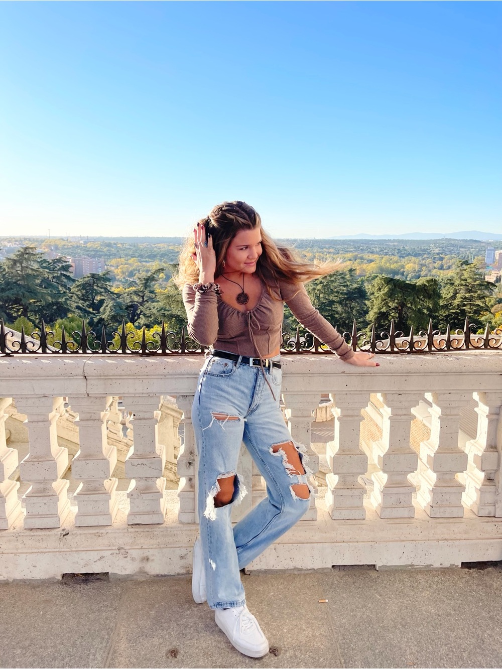 Bershka Brown Ribbed Tie-Front Long Sleeve Crop Top